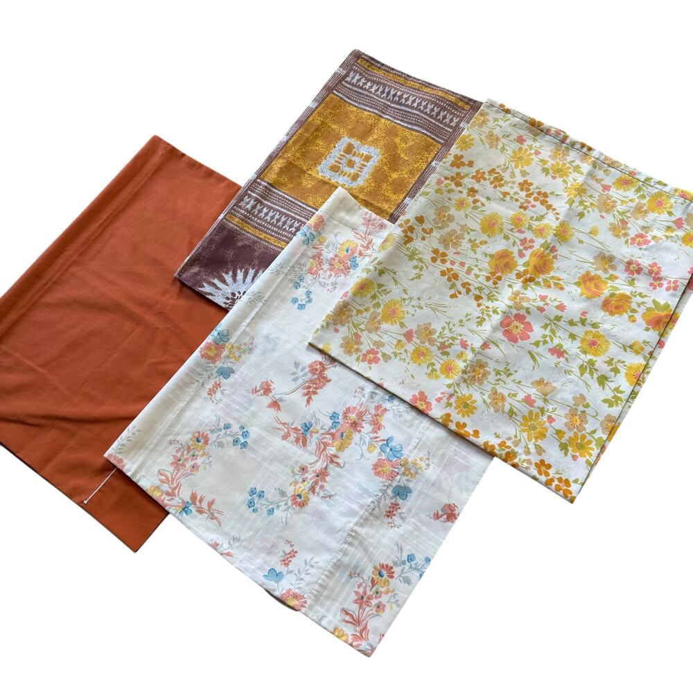 Lot of Four Vintage Pillow Cases 70s 80s Floral Orange Yellow Brown Boho DIY